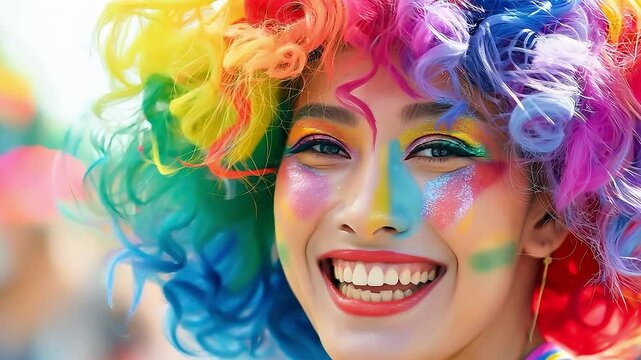 Portrait of happy young drag queen celebrating pride in rainbow afro clown wig and colorful makeup celebrating LGBTQ+ at pride parade	