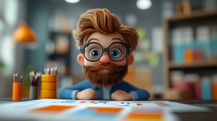 3D cartoon entrepreneur engaged in reviewing a business plan, with an emphasis on current performance and key goals.