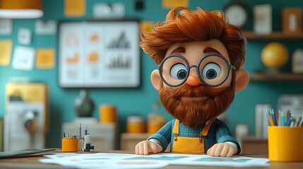 3D cartoon entrepreneur engaged in reviewing a business plan, with an emphasis on current performance and key goals.