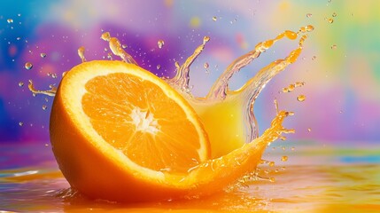 A juicy orange split open with a dynamic splash of orange juice frozen in motion, against a vibrant, colorful backdrop