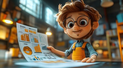 Animated entrepreneur in a lively 3D cartoon setting, carefully evaluating a business plan's goals and strategic objectives.