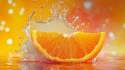 A juicy orange split open with a dynamic splash of orange juice frozen in motion, against a vibrant, colorful backdrop