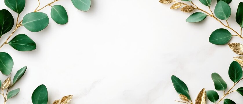 Elegant gold botanical frame with eucalyptus branches, glitter details, white background, circular design, perfect for sophisticated wedding invitations and greeting cards