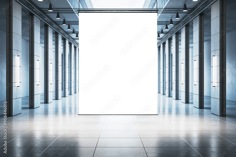 Aufkleber Modern office corridor with reflections and empty white mock up banner. 3D Rendering.