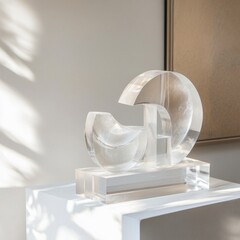 Elegant acrylic layers, translucent geometric forms, arranged harmoniously, creating a striking contrast against a pristine white backdrop, emphasizing simplicity and modern design