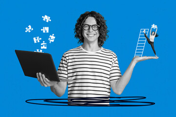 Composite photo collage of happy man girl freelance cooperation hola laptop development ladder puzzle piece isolated on painted background © deagreez