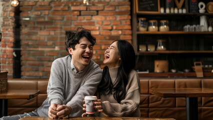 Joyful couple celebrating together in a festive atmosphere with twinkling lights in the background