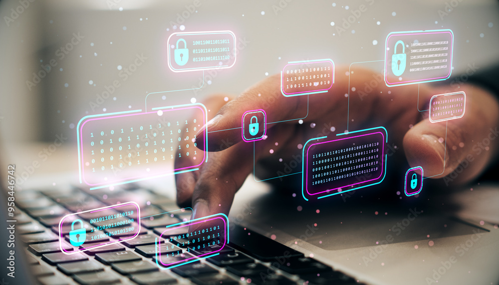 Aufkleber Close up of male hand using laptop keyboard with creative encrypted code hologram on blurry background. Blockchain network and technology concept. Double exposure.