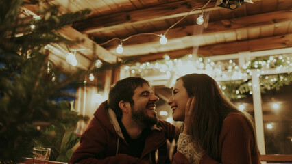 Joyful couple celebrating together in a festive atmosphere with twinkling lights in the background