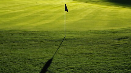 Obraz premium Golf flag pole casting long shadow on vibrant green grass of golf course under clear sky in the early morning light