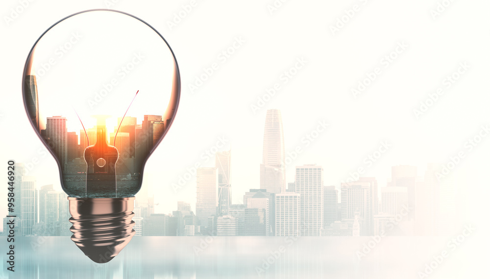 Poster glowing glass light bulb on blurry city background with mock up place. idea and innovation concept. 