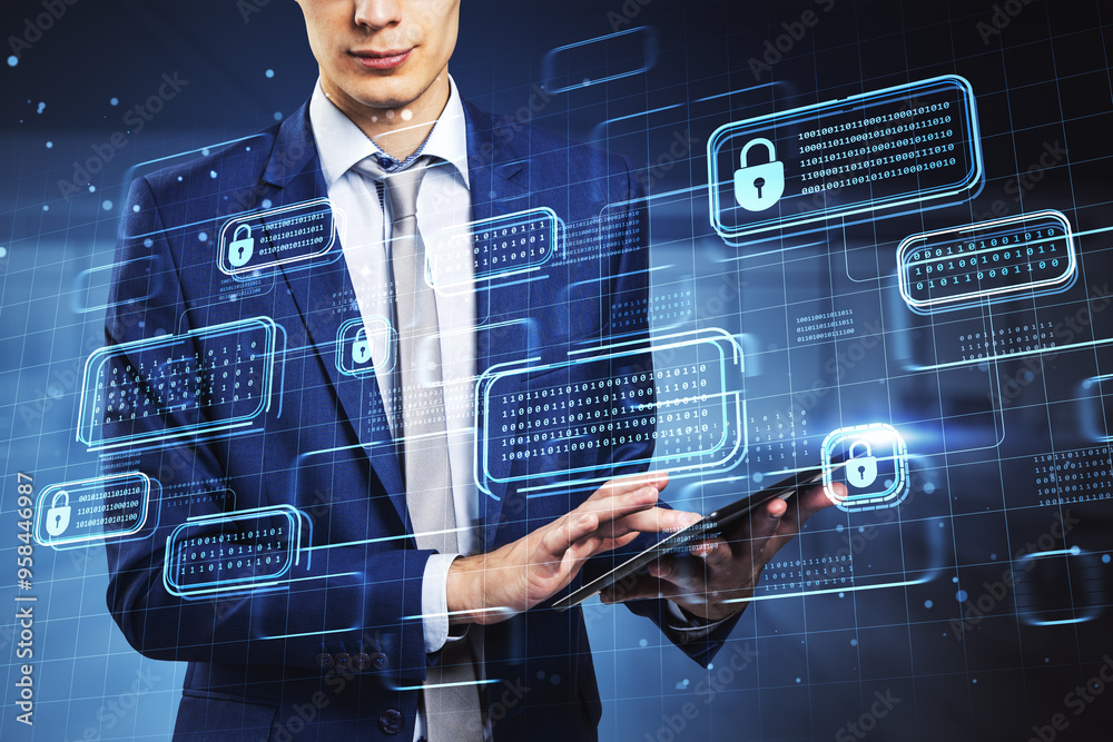 Poster Headless young european businessman using pad with creative encrypted code hologram on blurry office background. Blockchain network and technology concept. Double exposure.