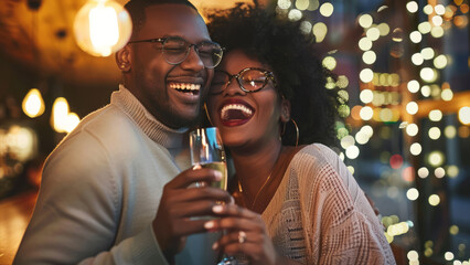 Joyful couple celebrating together in a festive atmosphere with twinkling lights in the background