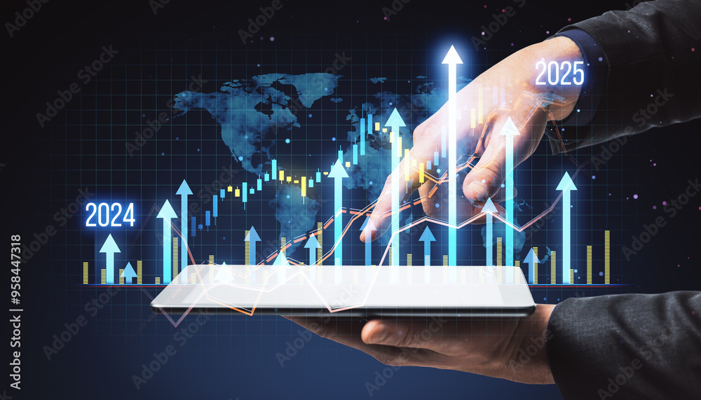 Poster close up of male hand pointing at tablet with growing business chart grid hologram and map on dark b