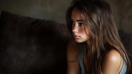Naklejka premium A young girl sits in soft light, lost in thought. She has long, flowing hair and an expressive face. This portrait evokes a sense of contemplation and vulnerability. AI