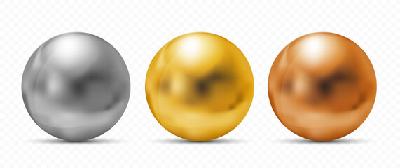 Collection of metallic golden, silver and bronze balls. Templates isolated on transparent background. vector mockup