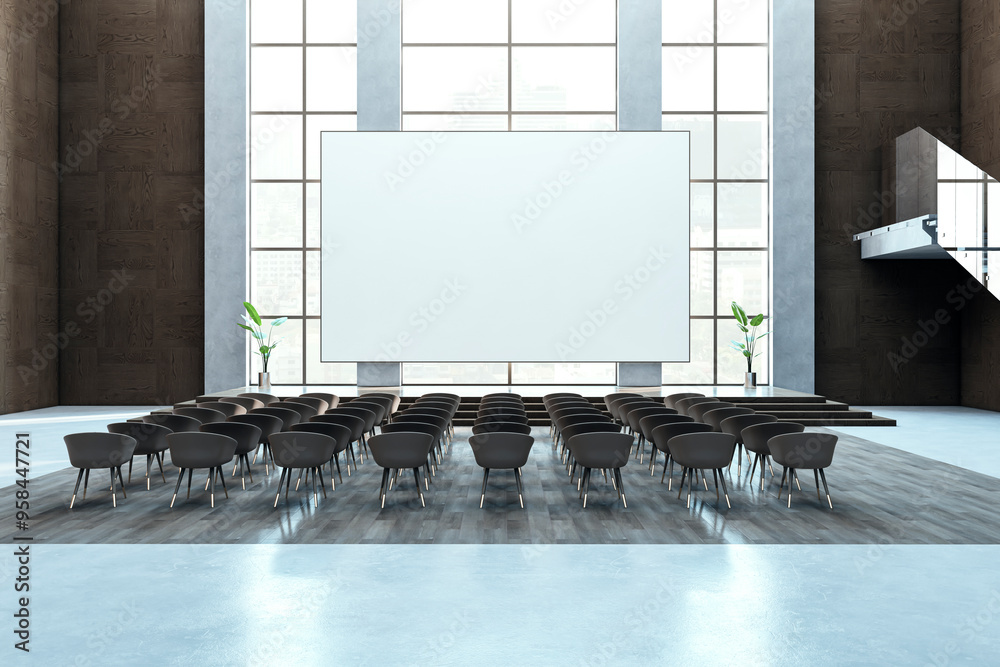 Poster Modern auditorium with windows and city view, mock up place. Education and lecture concept. 3D Rendering.