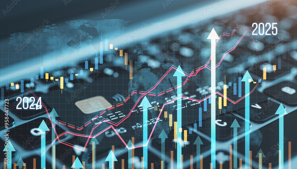 Poster Close up of laptop keyboard with bank card and growing business chart grid hologram and map on blurry background. Financial growth and fintech concept. Double exposure.