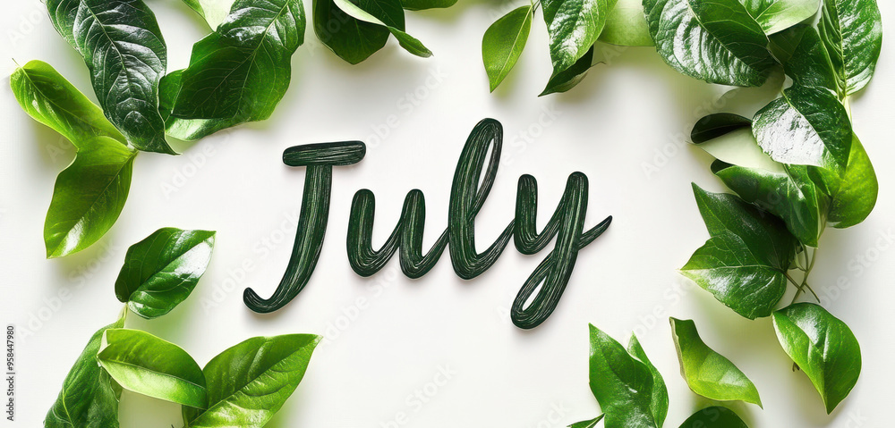 Poster July with green leaves on a white background