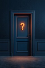 An isolated closed door with a question mark icon glowing on the door, in an empty room 