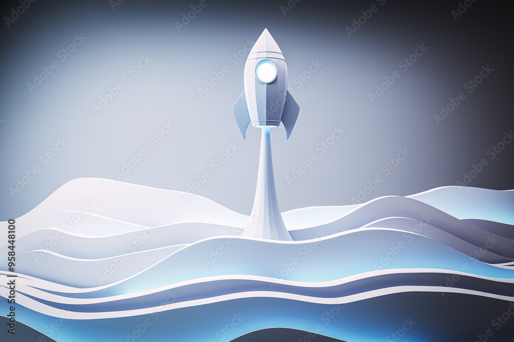 Poster rocket launching off creative white wavy backdrop. startup and launch concept. 3d rendering.