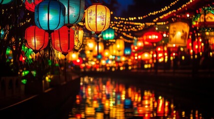 Fototapeta premium Lantern Festival Illumination, vibrant lanterns casting a warm glow, creating a magical atmosphere in the night sky, celebrating culture and community spirit with colorful displays.