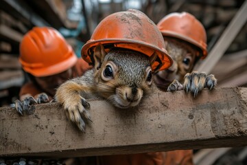 A cute squirrel wearing a helmet is seen struggling to move a large wooden beam, depicting a humorous and charming blend of wildlife and industry.