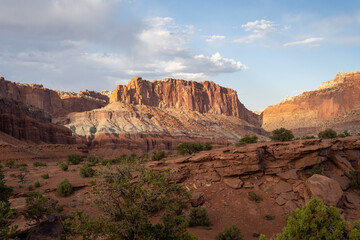 A breathtaking sunrise view of red rocks at Capitol Reef National Park, Utah.