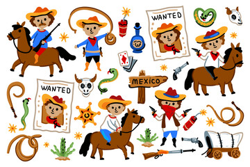Set of cowboy characters, American Wild West Collection. For children room designs. Rodeo. Horses, skulls, snakes, wanted
