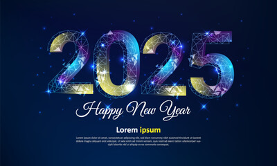 2025 Happ New Year graphic design. Line style colorful number on blue background