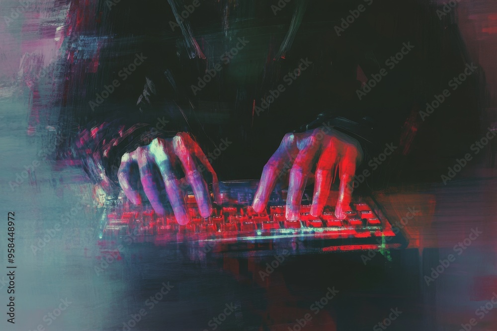 Poster an image with a glitched effect shows a hacker in the hood typing text on a computer in a dark room.