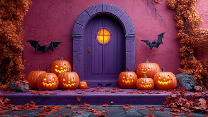 Spooky Halloween front porch with glowing pumpkins and bats against a purple door