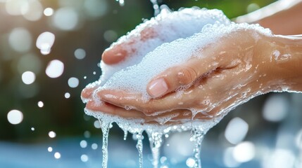 Fototapeta premium A close-up of hands lathering with soap under running water for proper hygiene