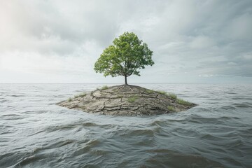 Solitary Tree on Dry Island Surrounded by Water Highlighting Environmental Issues and Climate Change
