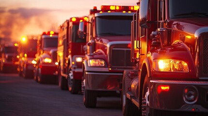 Fire trucks lined up in preparation for a mission. AI generated image