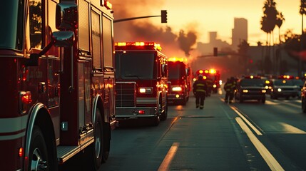 Fire trucks lined up in preparation for a mission. AI generated image