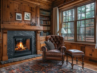 Cozy living room with a fireplace, leather armchair, and large windows overlooking a forest.