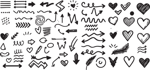 Line shape marker underline, arrow, heart brush element set. Hand drawn sketch marker underline shape, arrow, heart scribble brush pen stroke element vector