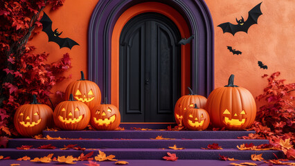 Spooky Halloween front porch with glowing pumpkins and bats against a purple door