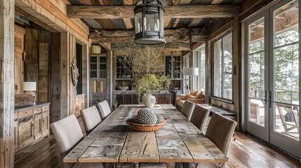 The rustic dining room showcases a large wooden table, mismatched chairs, and a centerpiece made of natural elements, perfect for family meals.