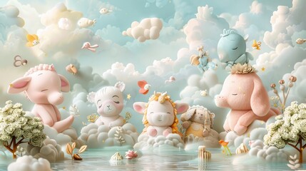 Cute cartoon animals play in a whimsical, cloud-filled sky with butterflies and flowers.