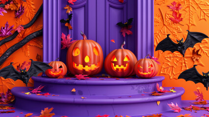 Spooky Halloween front porch with glowing pumpkins and bats against a purple door