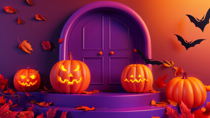 Spooky Halloween front porch with glowing pumpkins and bats against a purple door
