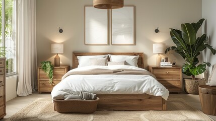 Minimalist bedroom with a large bed, wood furniture, and plants.  The room is bathed in natural light.
