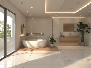 Modern bathroom with bathtub, large windows, and natural light. Minimalist design with sleek fixtures and wood accents.