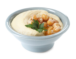 Delicious hummus with olive oil, chickpeas and parsley isolated on white