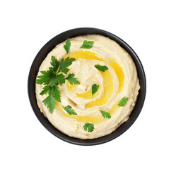 Delicious hummus with olive oil and parsley isolated on white, top view