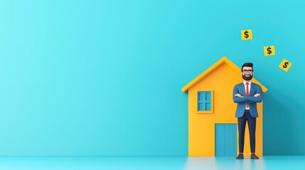 Real estate agent showing a property with dollar signs floating above