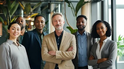 Portrait of successful group of business people at modern office looking at camera. Portrait of happy businessmen and businesswomen standing as a team