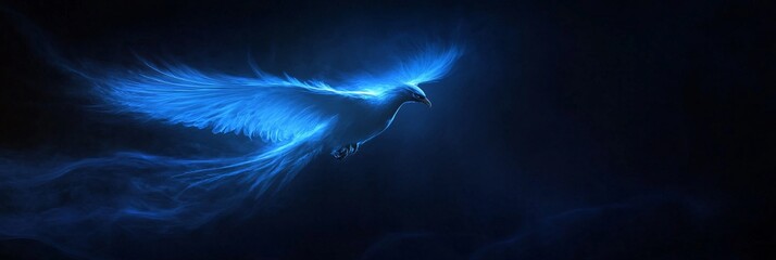 A majestic blue phoenix soaring through a dark, mystical atmosphere.